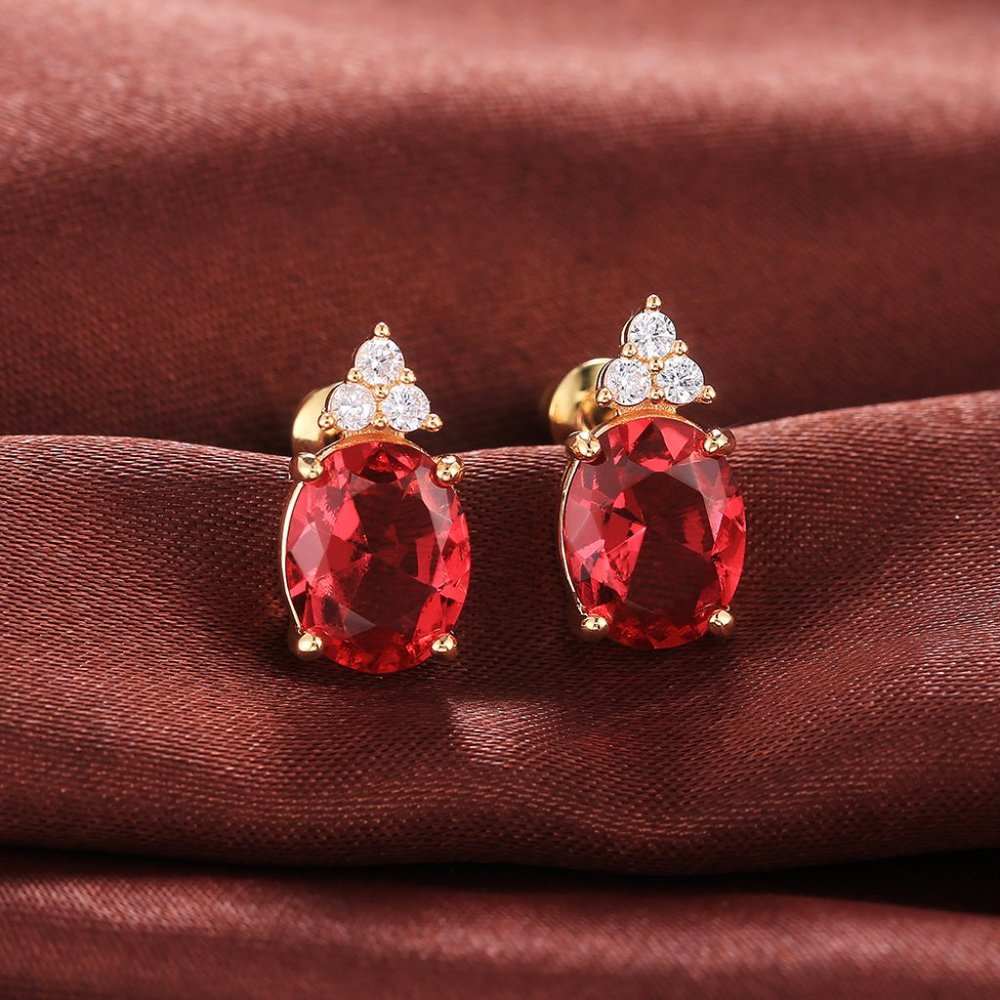 Beautiful Big Red Oval Zircon 14K Gold Plated Stud Earrings for Women, VP1022 - Picture 1 of 2